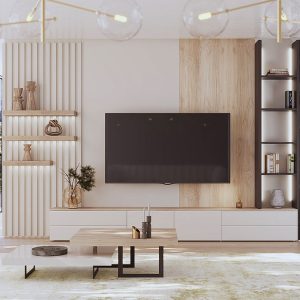 Mueble de salón a medida lacado en blanco y Roble Nudoso