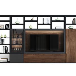 Mueble de salón con Librería y vitrina en Grafito y fondo Nogal
