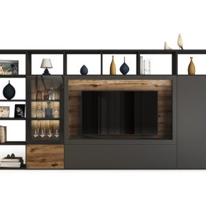 Mueble de salón con Librería y vitrina en Grafito y fondo Nogal Vintage