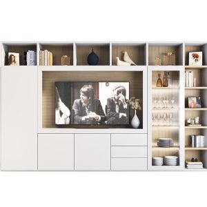 Mueble de Televisión con Librería en Blanco y Roble Natural
