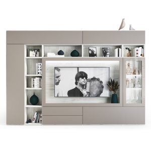 Mueble de Televisión con Librería en Blanco y Tierra