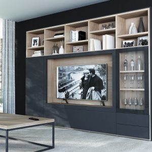Mueble de Televisión con Librería en Grafito y Roble Natural
