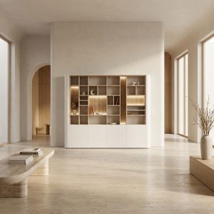 Librería a medida con estantes iluminados en Fresno Olivato y Blanco de luca atelier