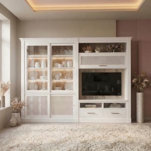 Mueble de salón provenzal lacado en blanco y Fresno Olivato