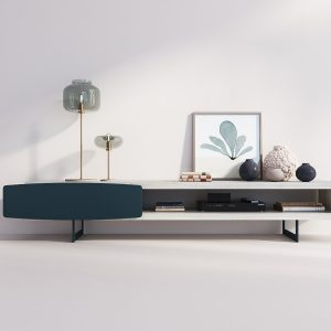Mueble de televisión Oval en Blanco rústico y Azul Océano