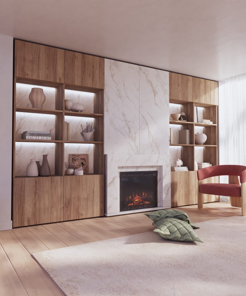 Librería a medida con chimenea eléctrica en piedra y roble de luca atelier