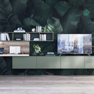 Mueble de televisión verde menta y madera natural