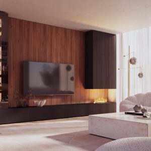 Mueble de salón elegante con chimenea para televisión