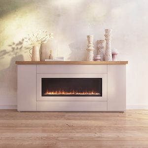 Mueble con chimenea lacado en blanco perla