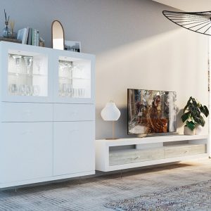 Vitrina lacada en Blanco iluminada y fondo en Blanco Rústico